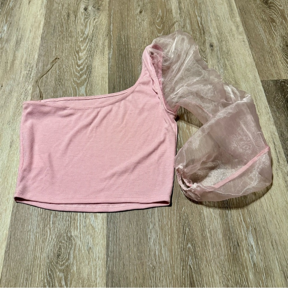 Blue Blush - One-Shoulder Top with Organza Sleeve - Size Small - Picture 3 of 4